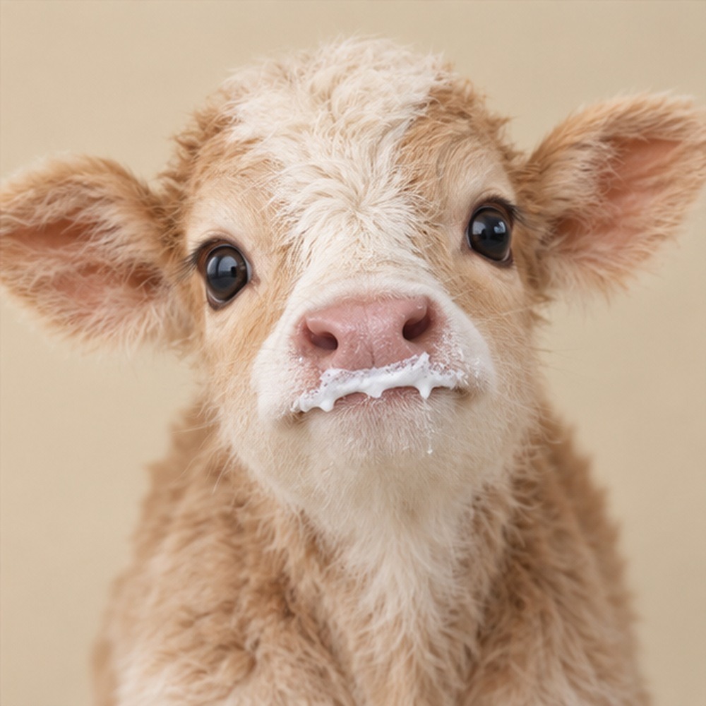 koushi, a fluffy two-week-old calf with a milk moustache, looking straight at you